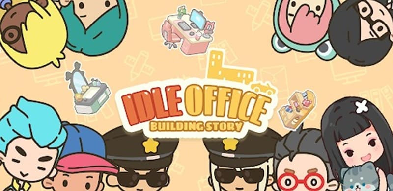 alt text: Giao diện chính của game Idle Office, hiển thị tòa nhà văn phòng hiện đại và các hoạt động kinh doanh sôi nổi.