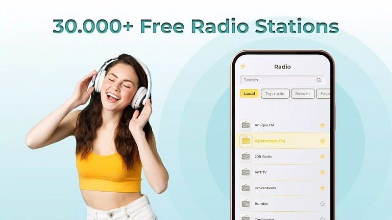 alt text: Giao diện chính của ứng dụng Radio FM AM Live Radio Station với danh sách các kênh radio.