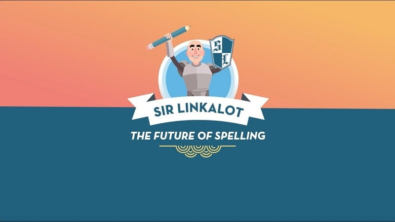 alt text: Giao diện chính của ứng dụng Sir Linkalot Spelling với hình ảnh hiệp sĩ vui nhộn và các tùy chọn học tập bắt mắt.