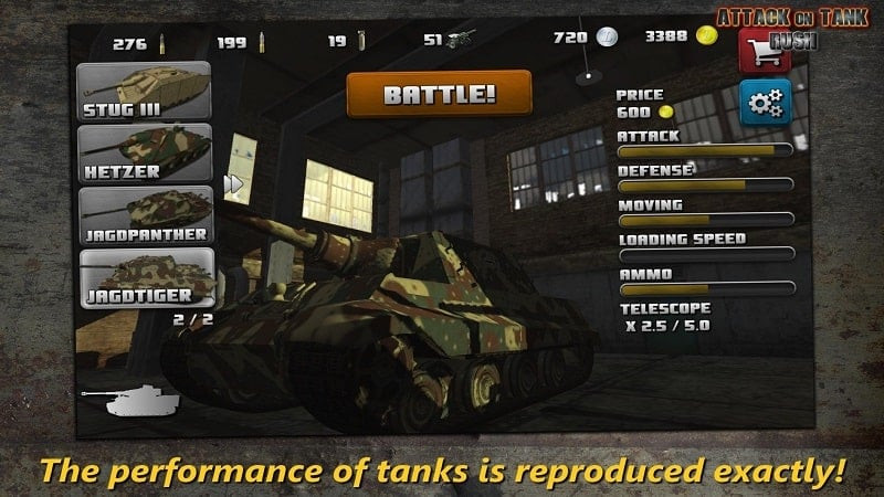 alt text: Giao diện chính game Attack on Tank, hiển thị một chiếc xe tăng đang di chuyển trên chiến trường