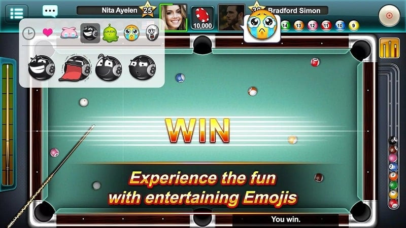 Pool Ace gameplay, showing the pool table and the player's perspective.