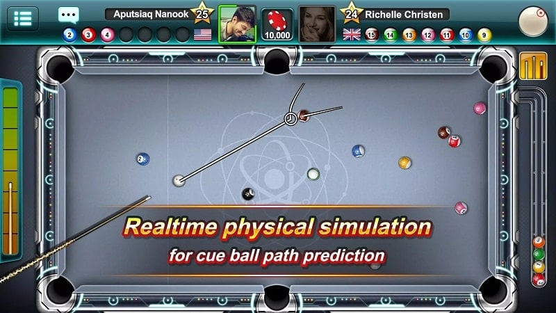 Pool Ace gameplay on an Android phone, showing the player's perspective aiming a shot.