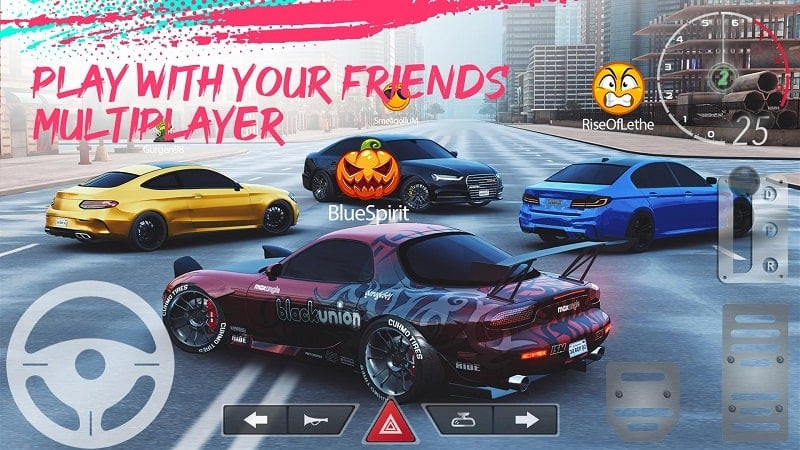 alt text: Giao diện chơi game Real Car Parking 2 cho thấy góc nhìn từ buồng lái với vô lăng, cần số và các nút điều khiển