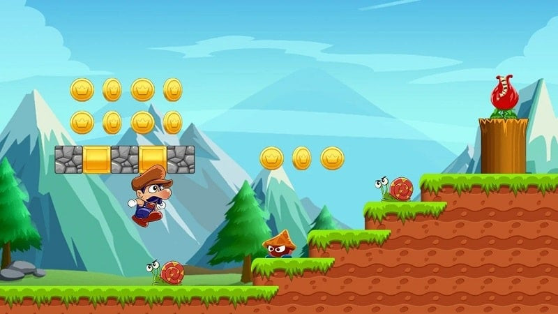 alt text: Giao diện chơi game Super Bino Go MOD APK, hiển thị nhân vật Bino với kích thước lớn hơn sau khi ăn nấm.