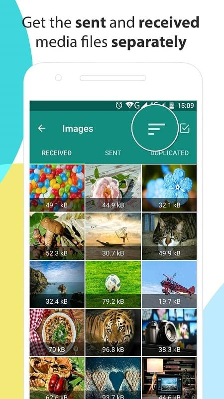 alt text: Giao diện Cleaner for WhatsApp MOD APK hiển thị các tệp tin được sắp xếp theo kích thước