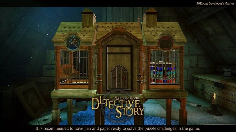 alt text: Giao diện game 3D Escape Room Detective Story trên điện thoại Android. Người chơi đang tương tác với các đồ vật trong phòng để tìm kiếm manh mối và giải đố.