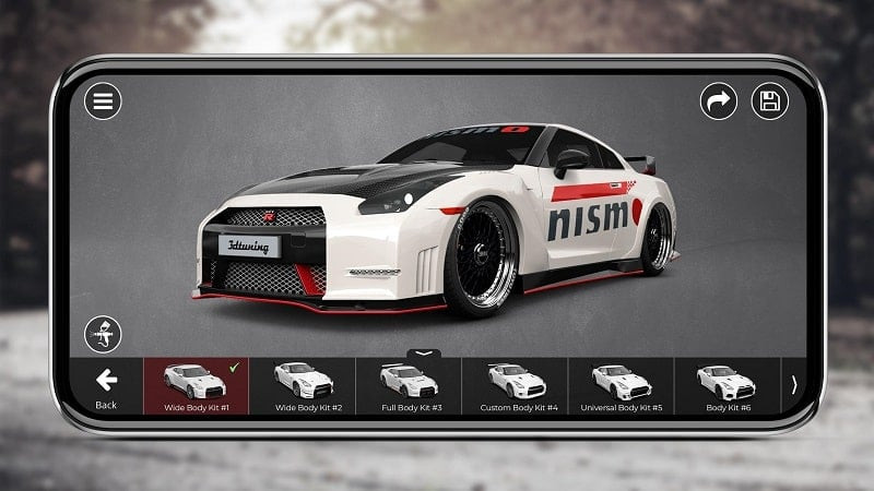 3DTuning game interface displaying a customized car with new parts.