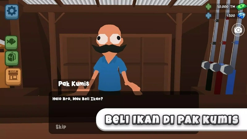 A screenshot of the Aku si JURAGAN EMPANG game, showing the player buying fish from Uncle Kumis.