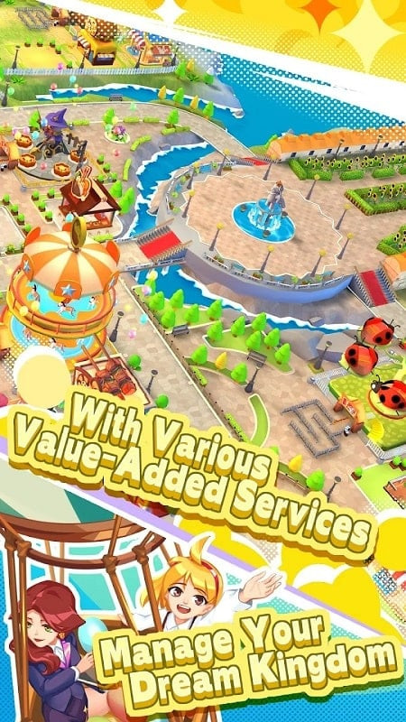 alt text: Giao diện game Amusement Park Empire hiển thị các tùy chọn quản lý và nâng cấp công viên