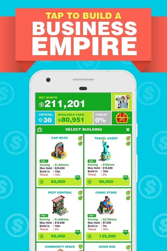 alt text: Giao diện game Billionaire Capitalist Tycoon phiên bản mod apk, hiển thị các tòa nhà và giao diện người dùng.