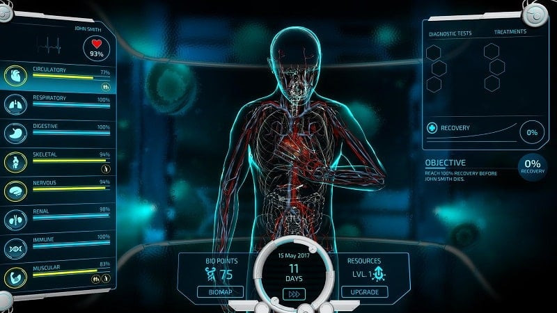 Bio Inc. Redemption interface displaying the human body model and health indicators