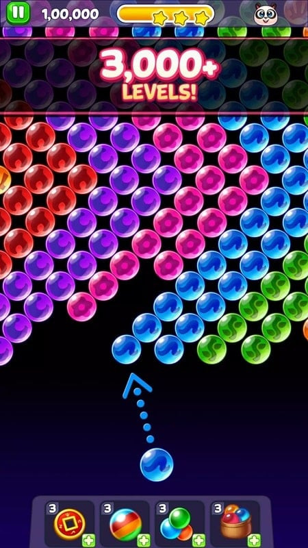 alt text: Giao diện game Bubble Shooter: Panda Pop trên điện thoại Android, hiển thị các bong bóng và chú gấu trúc.