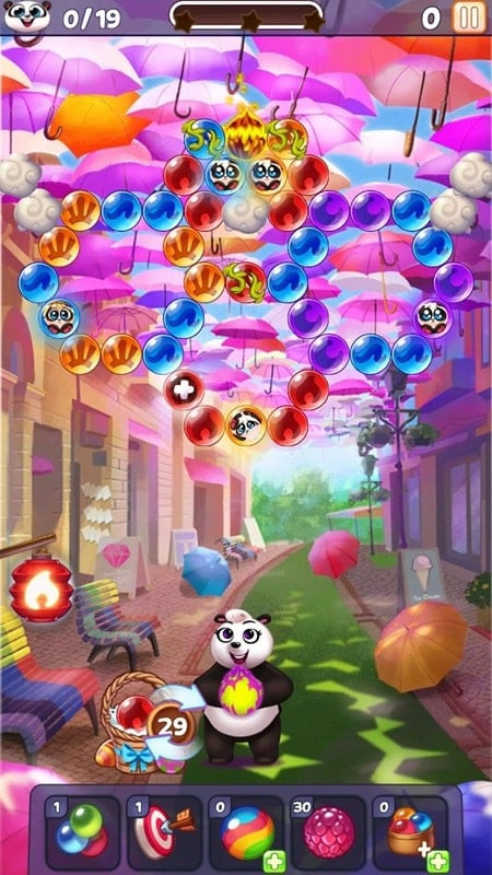 alt text: Giao diện game Bubble Shooter: Panda Pop với các bong bóng sắp xếp theo hình kim tự tháp, người chơi cần bắn bong bóng để giải cứu gấu trúc.