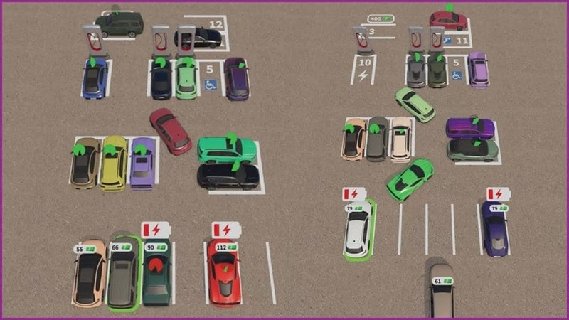 alt text: Giao diện game Car Lot Management hiển thị bãi đỗ xe với nhiều ô trống và xe đang di chuyển vào