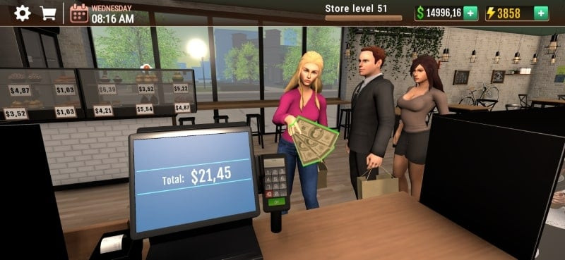 The game interface allowing players to customize the cafe's decor.