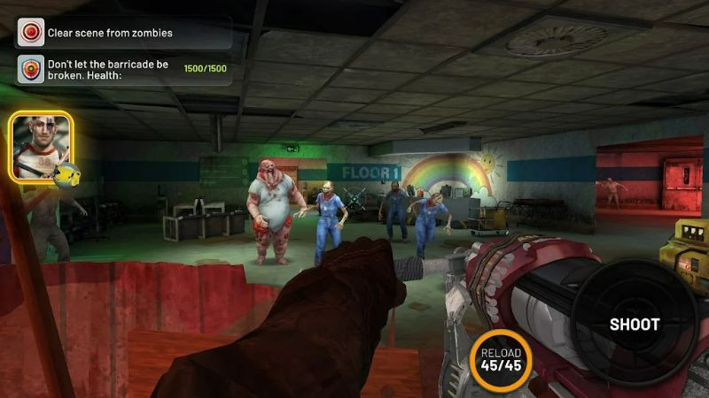 Deadlander gameplay on Android, showing the player aiming at a zombie with a gun.