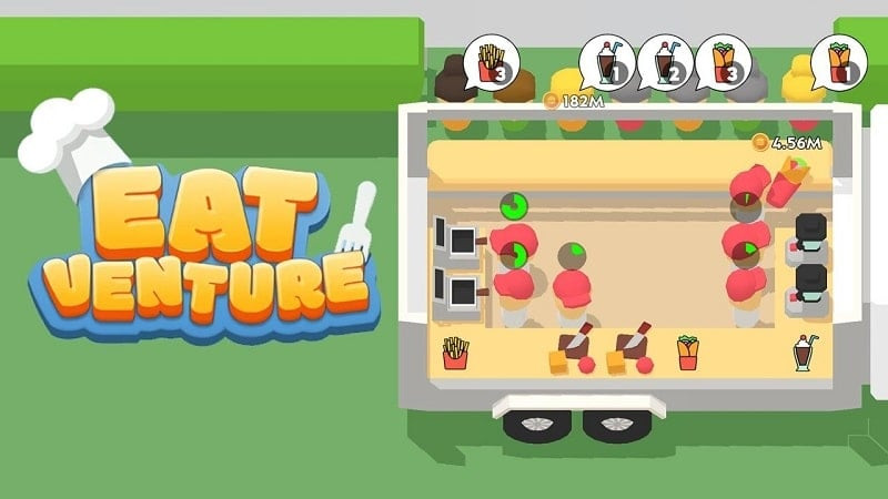 alt text: Giao diện game Eatventure với hình ảnh nhân vật đang phục vụ khách hàng trong một quán ăn nhỏ.