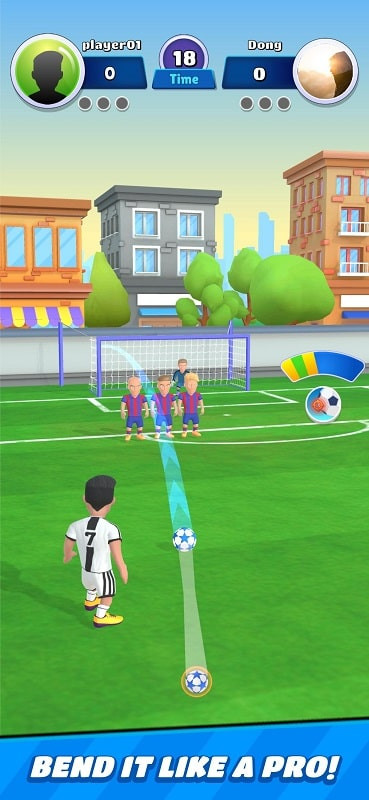 alt text: Giao diện game Football Clash cho thấy cầu thủ đang thực hiện cú sút phạt.