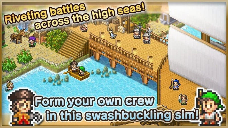 High Sea Saga gameplay screenshot showcasing a pixel-art ship sailing the ocean.