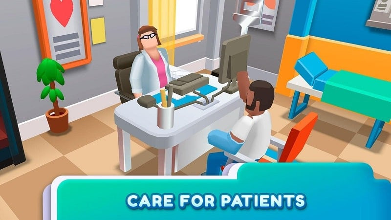 alt text: Giao diện game Hospital Empire Tycoon hiển thị phòng khám bệnh với bệnh nhân và bác sĩ.