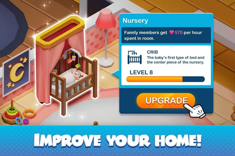 Idle Family Sim MOD APK interface on a mobile phone, allowing players to experience the game anytime, anywhere.