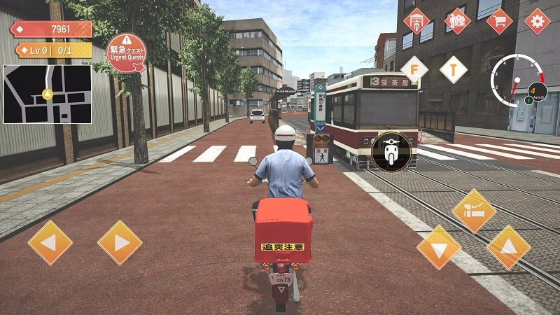 Japan Postman Moto Simulator gameplay showcasing the in-game modern traffic system