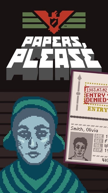 alt text: Giao diện game Papers, Please hiển thị bàn làm việc của thanh tra xuất nhập cảnh với nhiều loại giấy tờ và con dấu.