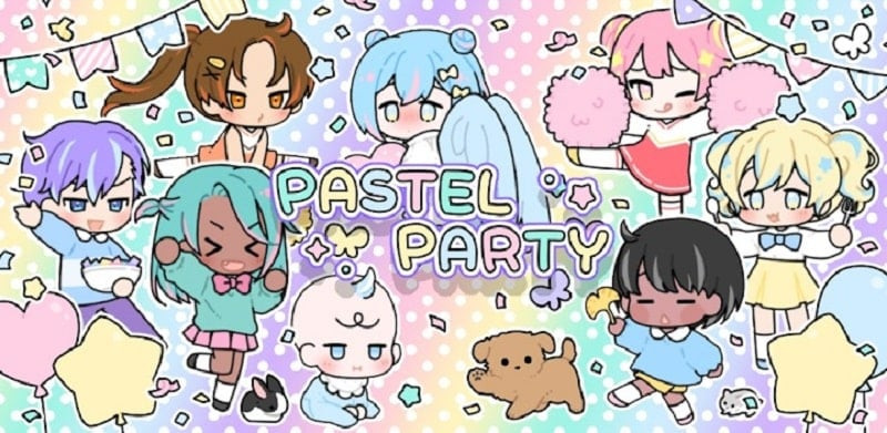 alt text: Giao diện game Pastel Party với hình ảnh một cô bé tóc hồng đang tô màu cho bức tranh