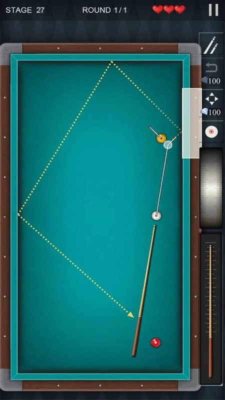 Pro Billiards 3balls 4balls game interface showing the table, cue, and control buttons