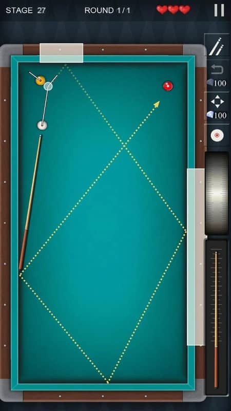 Pro Billiards 3balls 4balls game interface showing the player's perspective preparing for a shot