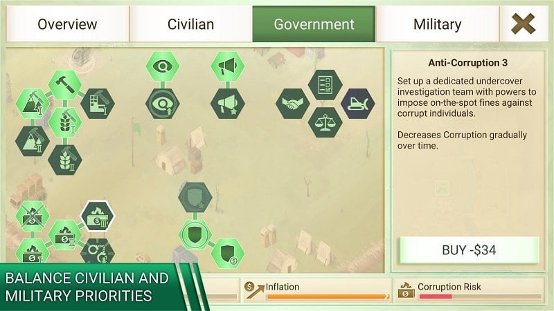 Rebel Inc game interface showing development options