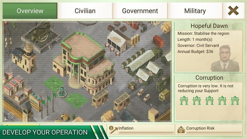 Rebel Inc game interface showing military units and factions