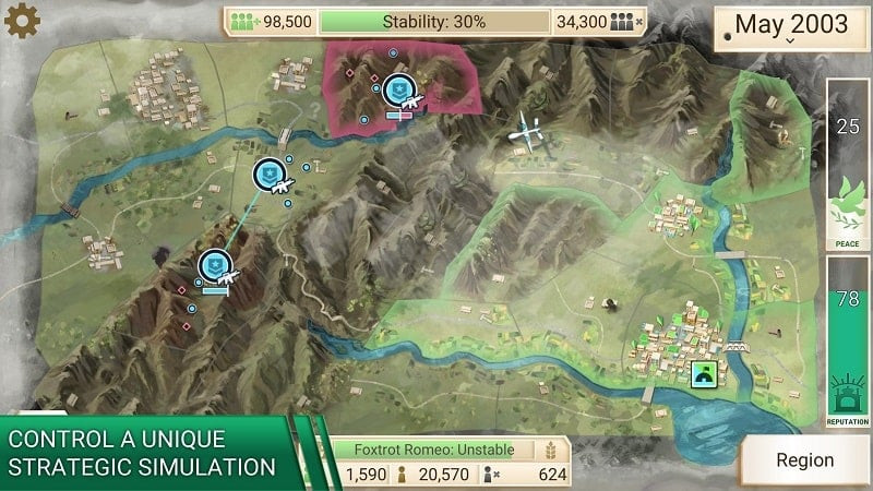 Rebel Inc game interface showing the map and statistics