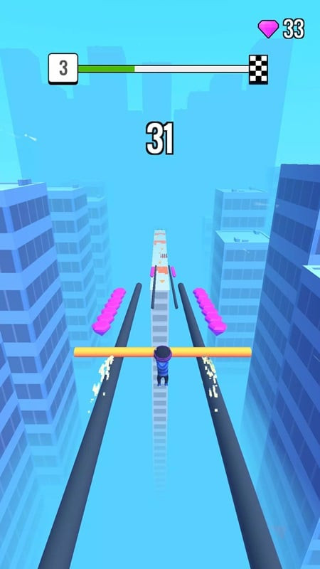 Roof Rails gameplay displaying the character on a plank with obstacles like saws ahead.