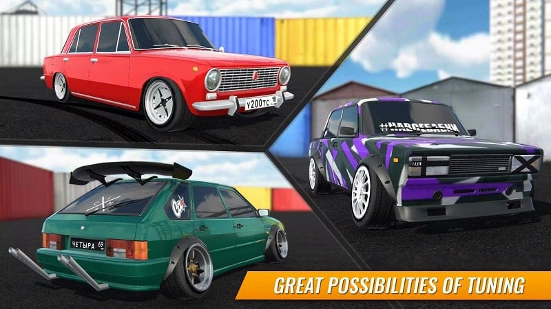 alt text: Giao diện game Russian Car Drift cho thấy các tùy chọn nâng cấp xe với vô hạn tiền.