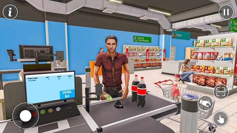 alt text: Giao diện game Supermarket Cashier Games 3D cho thấy không gian siêu thị rộng lớn