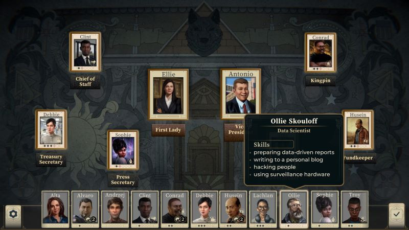 The game interface of This Is the President showing various action options.