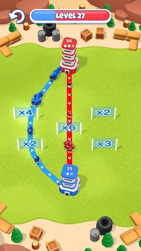 Tower War MOD APK gameplay screenshot showing towers and units in battle