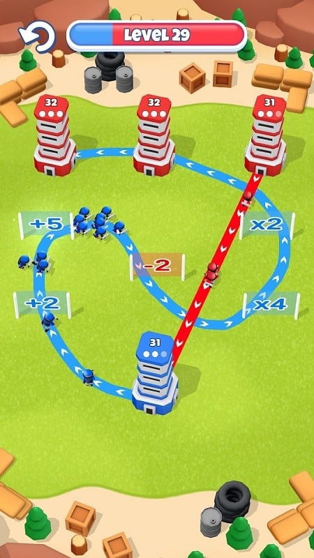 Tower War MOD gameplay screenshot showing a battle between towers