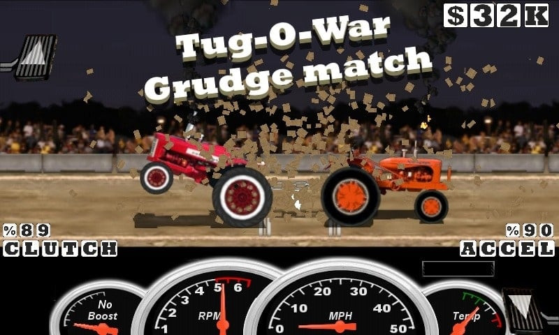 alt text: Giao diện game Tractor Pull, cho thấy một chiếc máy kéo đang chuẩn bị cho cuộc đua