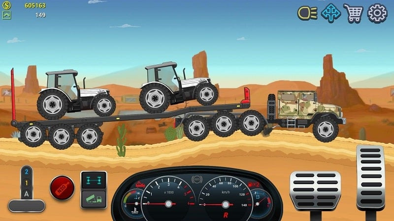 alt text: Giao diện game Trucker Real Wheels Simulator hiển thị các nút điều khiển xe tải