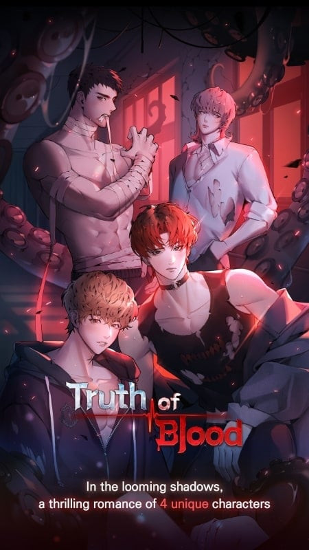 alt text: Giao diện game Truth of Blood với hình ảnh nữ chính và các lựa chọn đối thoại.