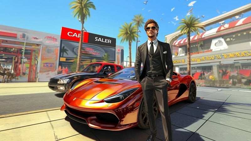 alt text: Giao diện game Turbo Speed Trade hiển thị một chiếc xe thể thao màu đỏ bóng loáng đang đỗ trong showroom. Bên cạnh là các thông số và nút bấm điều khiển trong game.