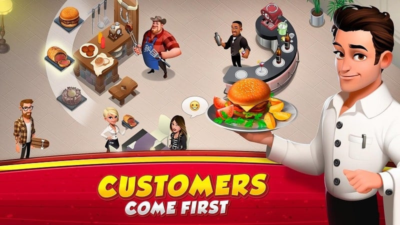 alt text: Giao diện game World Chef cho thấy một nhà hàng rộng lớn với nhiều khu vực khác nhau.