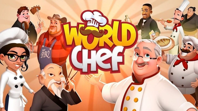 alt text: Giao diện game World Chef, hiển thị nhà hàng nhộn nhịp với nhiều đầu bếp và khách hàng.