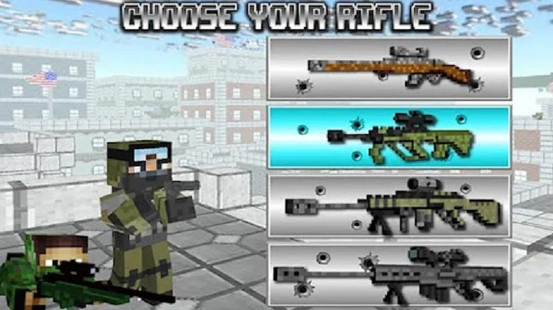 Gameplay interface in American Block Sniper Survival showing level, health, and ammo.