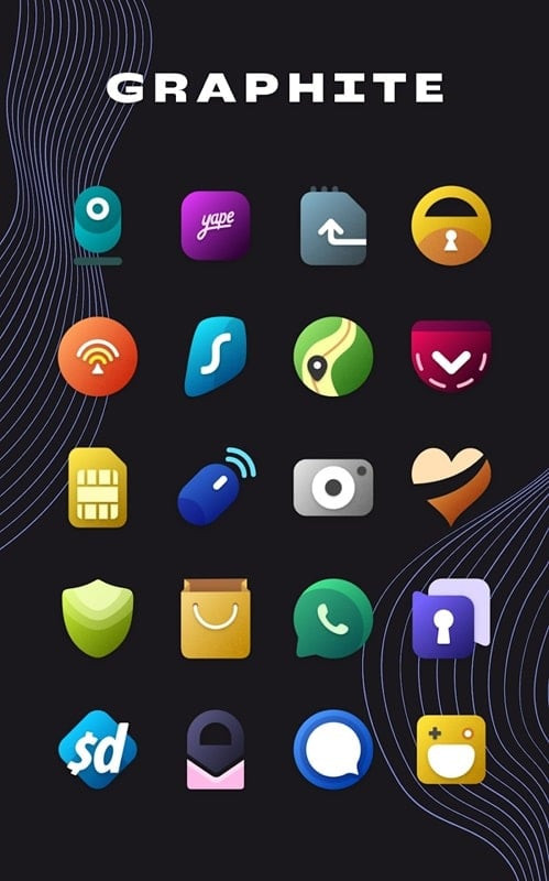 alt text: Giao diện Graphite Icon Pack với các icon được thiết kế theo phong cách tối giản