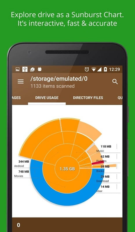 Categorized files in Disk & Storage Analyzer PRO, including text, images, audio, video, and app data