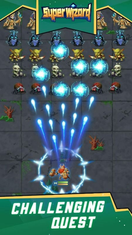 Gameplay screenshot of Super Wizard showing ghosts attacking the wizard