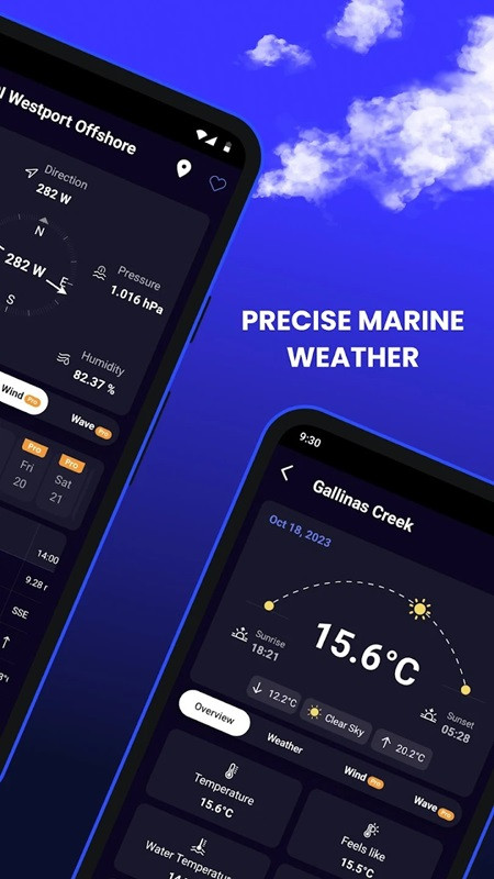 Detailed marine weather forecast displayed in the Marine Weather MOD app.